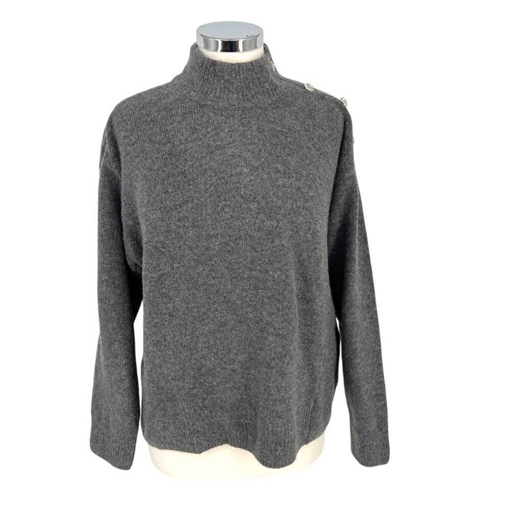 Karl Lagerfeld Rhinestone Shoulder High Neck Sweater Gray Size Medium
